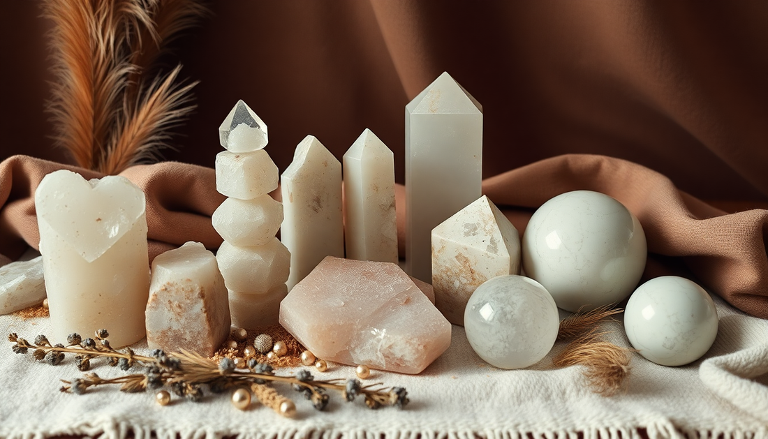Various white and beige crystals and stones arranged on a cloth with dried plants for understanding crystal properties