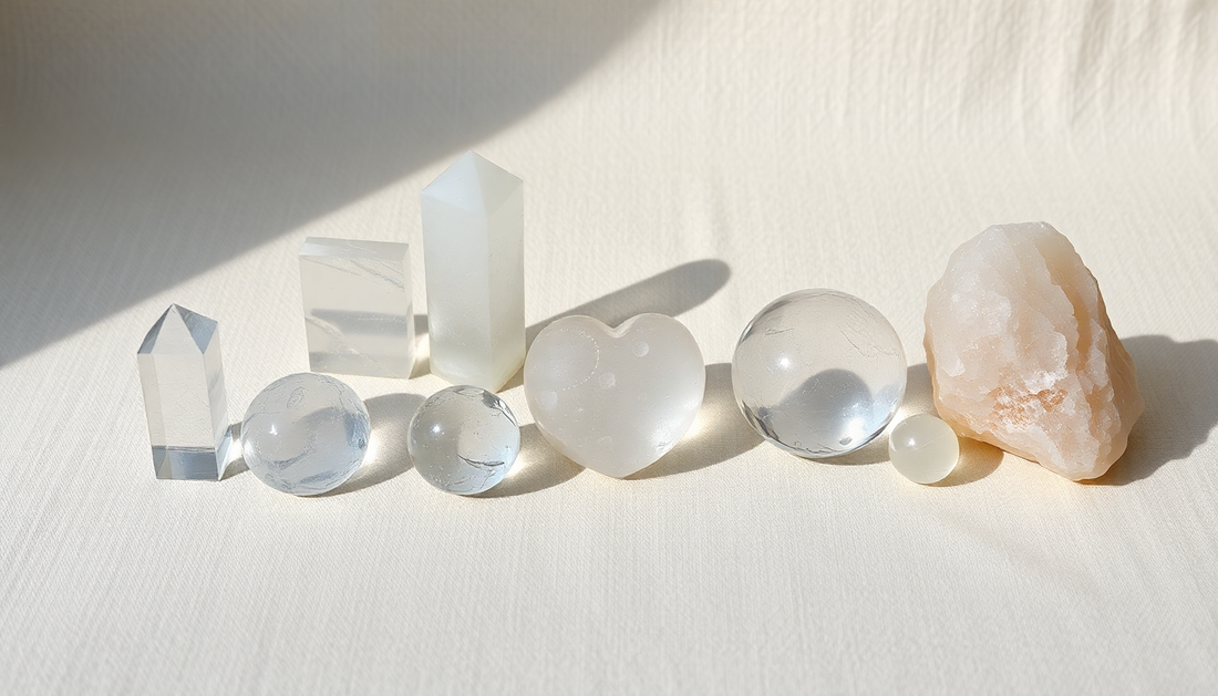 Various crystal shapes and their meanings displayed on a light background with shadows