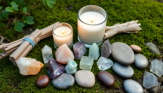 Assortment of crystals for anxiety and stress placed on moss with burning candles and smudge sticks nearby