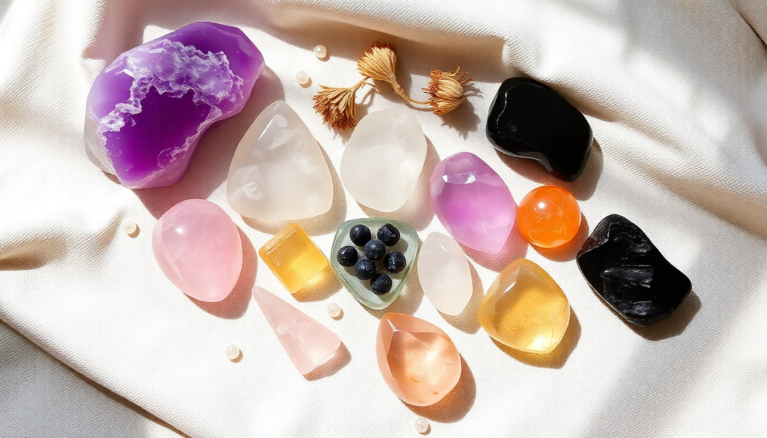 Collection of best crystals for beginners including amethyst, rose quartz, citrine, and black obsidian on white fabric