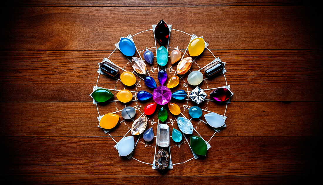 Colorful crystals arranged in a circular pattern on wood showcasing the best crystals for creativity 2025