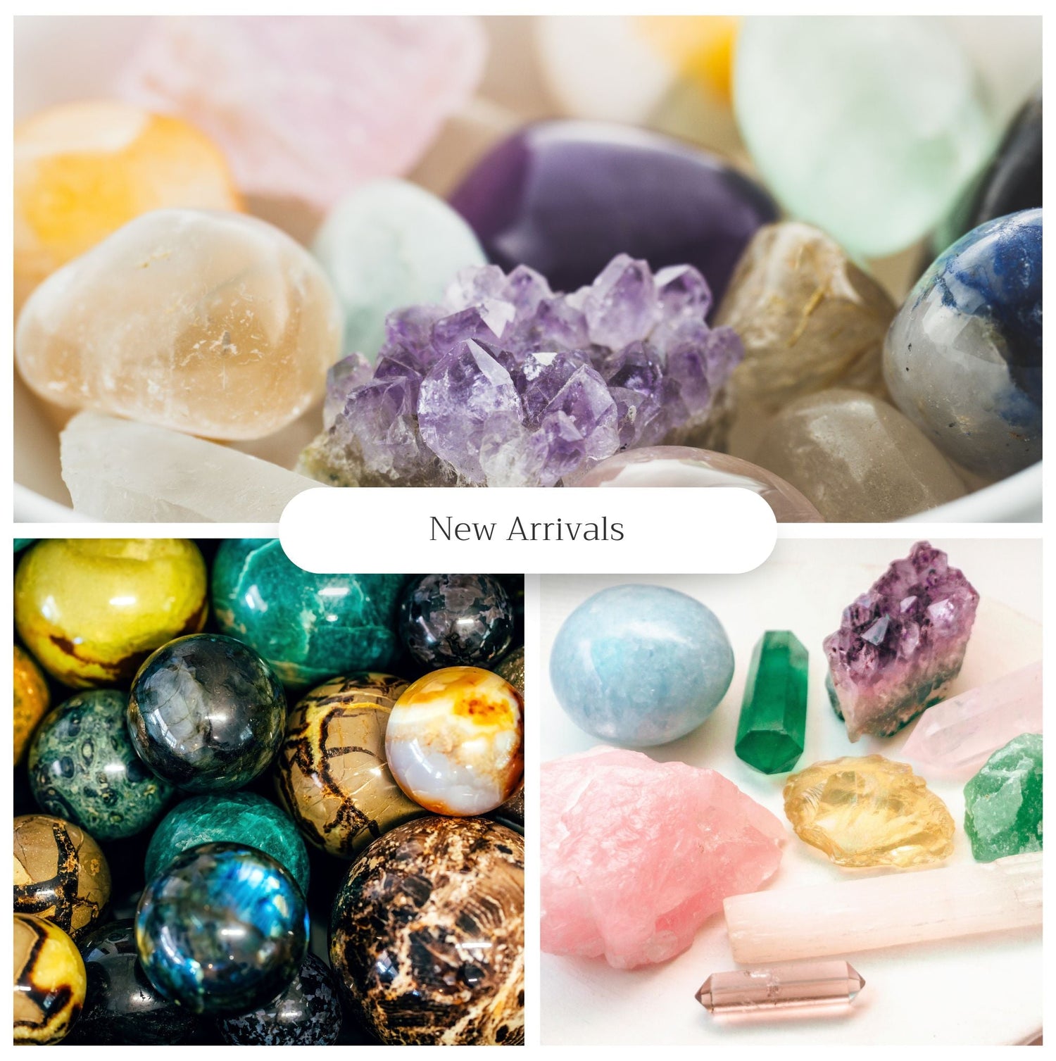 Collection of premium crystals new arrivals featuring various colorful polished and raw gemstones