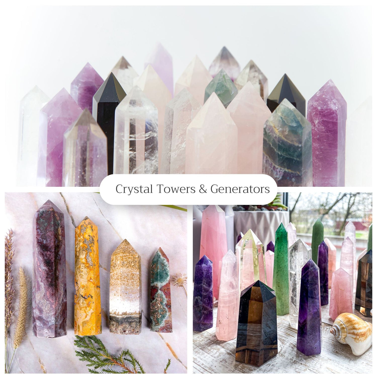 Collection of colorful crystal towers for sale in various shapes and sizes displayed on different surfaces