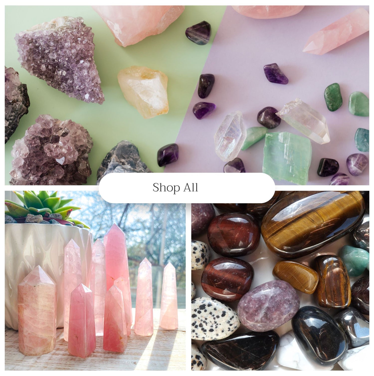 Collection of premium crystals for sale including raw, polished, and tower-shaped stones in various colors