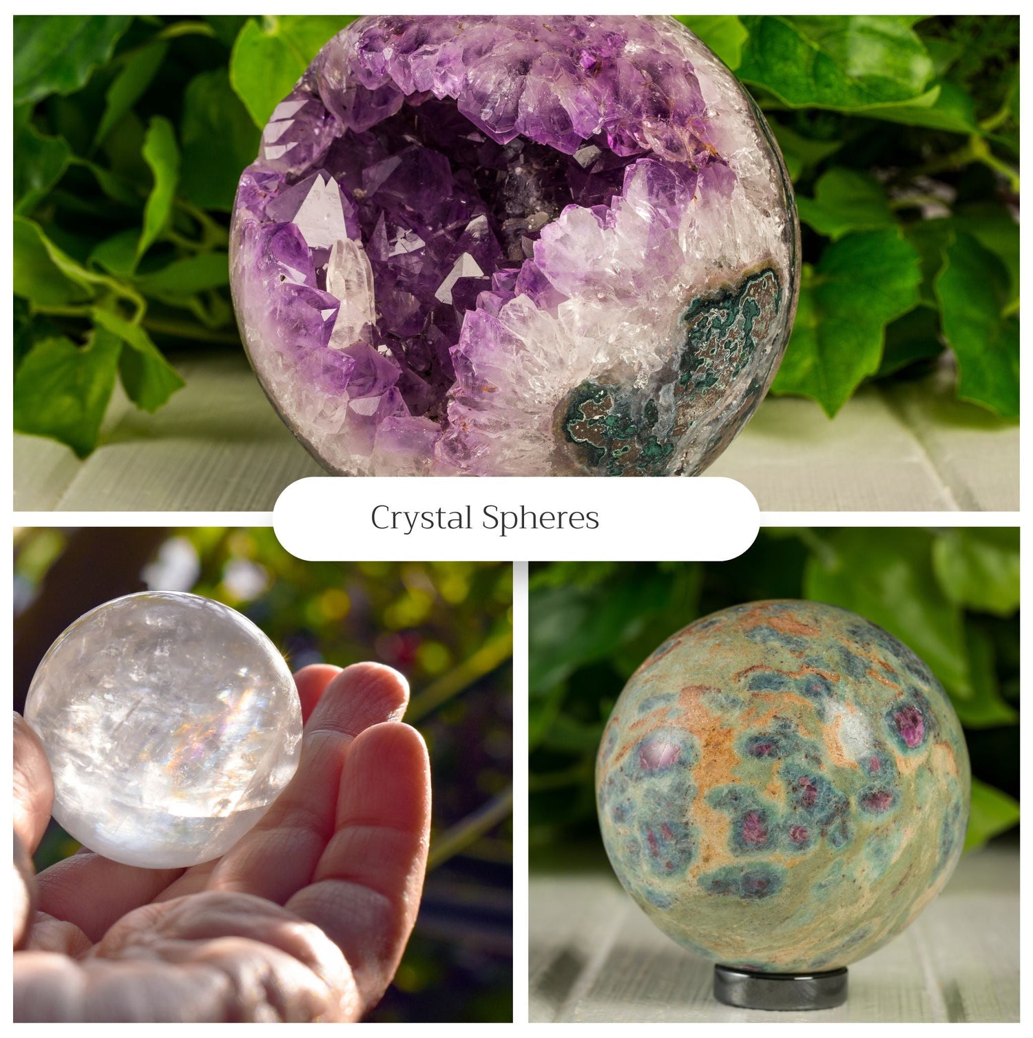 Buy crystal spheres online including amethyst geode, clear quartz, and multicolored gemstone spheres