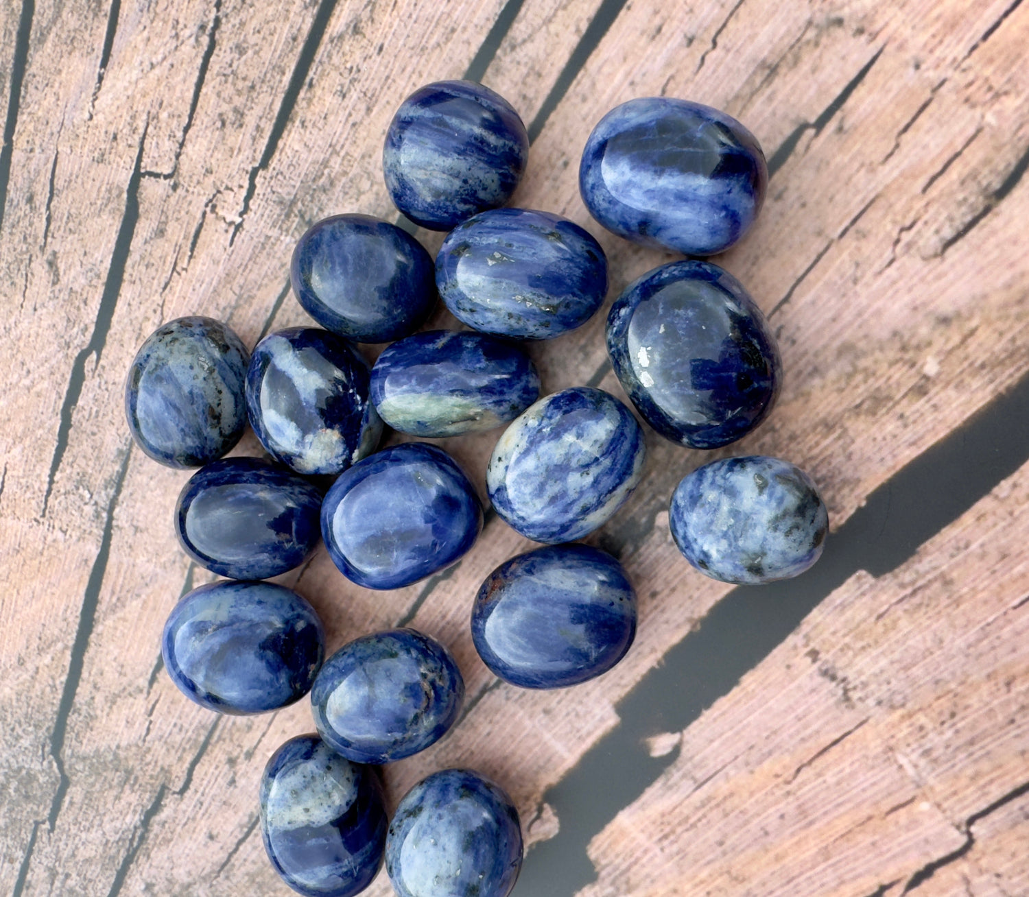 Collection of polished sodalite crystals for sale showcasing deep blue and white patterns on a wooden surface