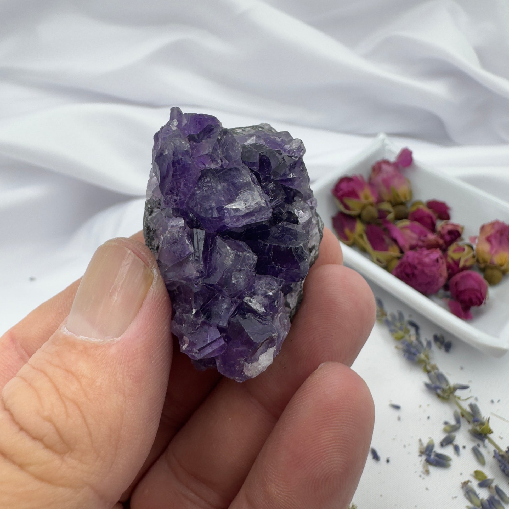 Hand holding a deep purple amethyst raw crystal cluster with dried flowers in the background