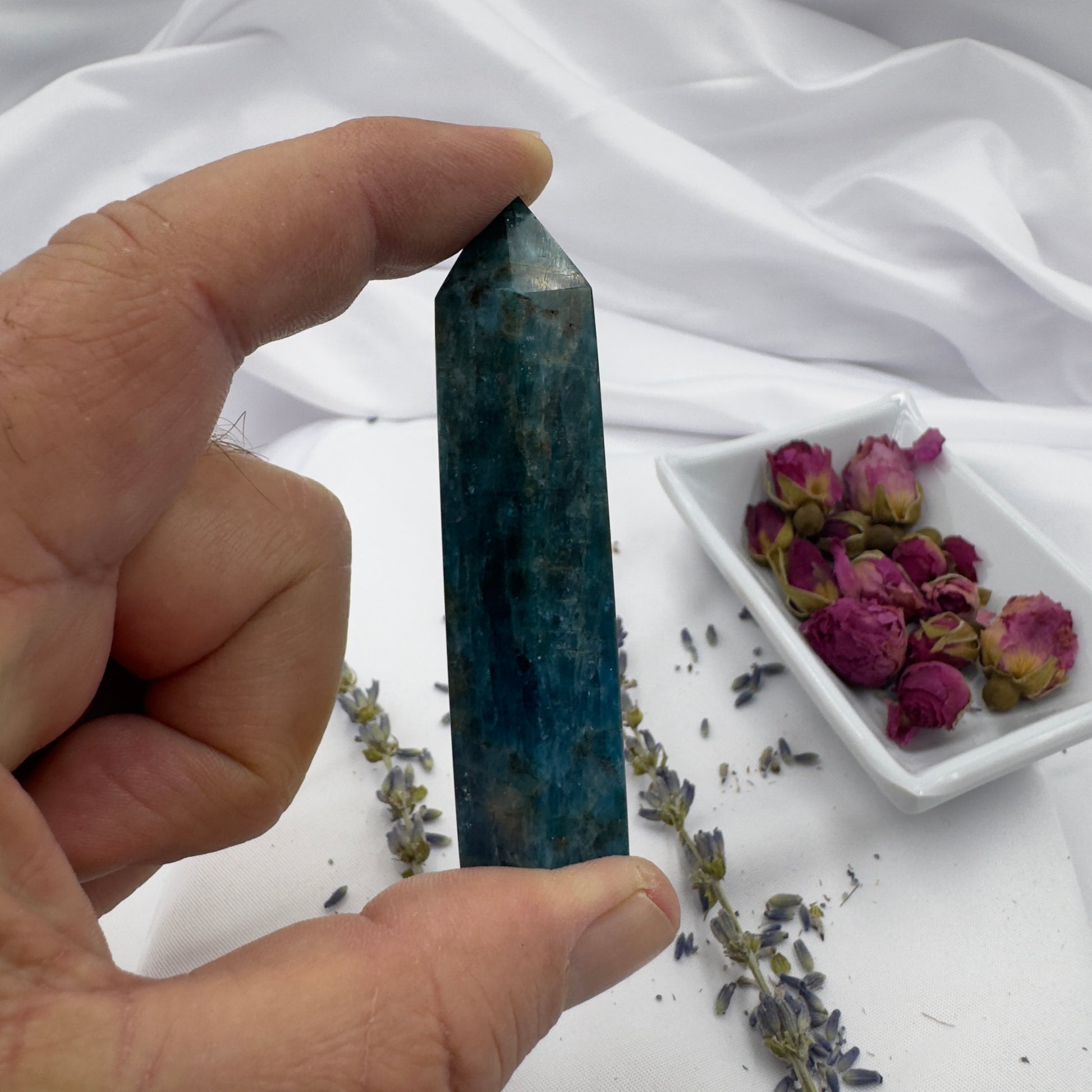 Hand holding a polished Apatite Tower Point crystal with dried flowers in the background