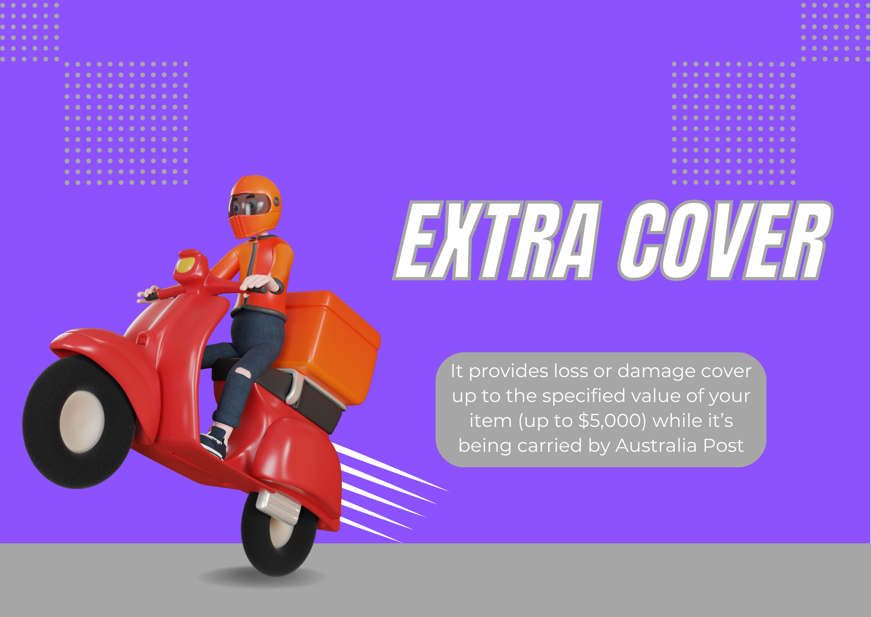 Davinas delivery person on red scooter promoting extra cover insurance Australia Post for loss or damage protection