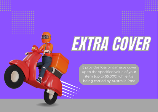 Davinas delivery person on red scooter promoting extra cover insurance Australia Post for loss or damage protection