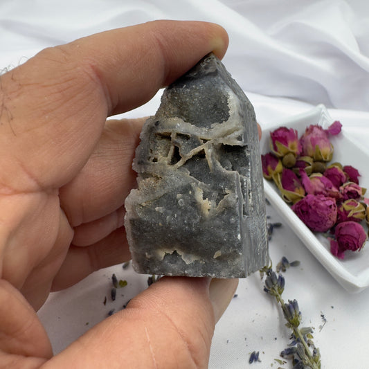 Hand holding a Black Sphalerite Geode Tower with natural crystal formations and dried flowers in background