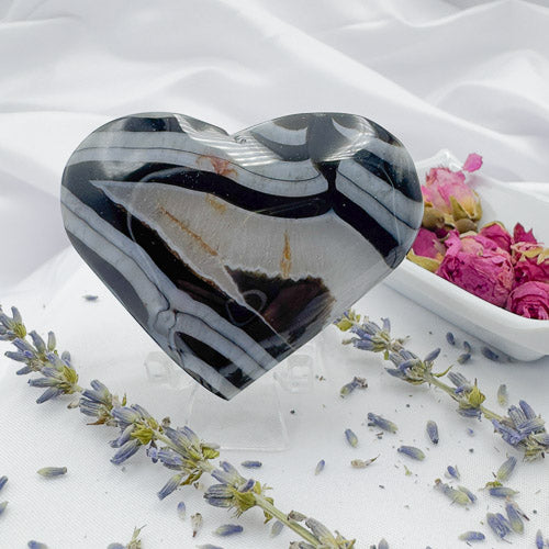 Black Stripe Agate Heart polished stone with distinctive black and white banding displayed on a stand with dried flowers