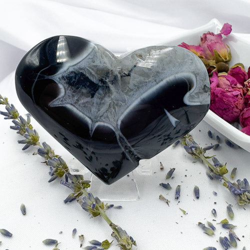Davinas polished black stripe agate stone heart displayed with lavender and dried flowers on white surface
