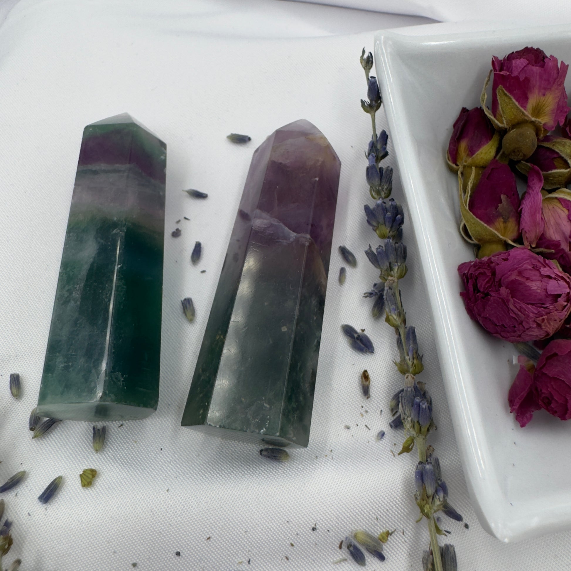Blue purple green fluorite point crystals displayed on white surface with dried lavender and rose petals