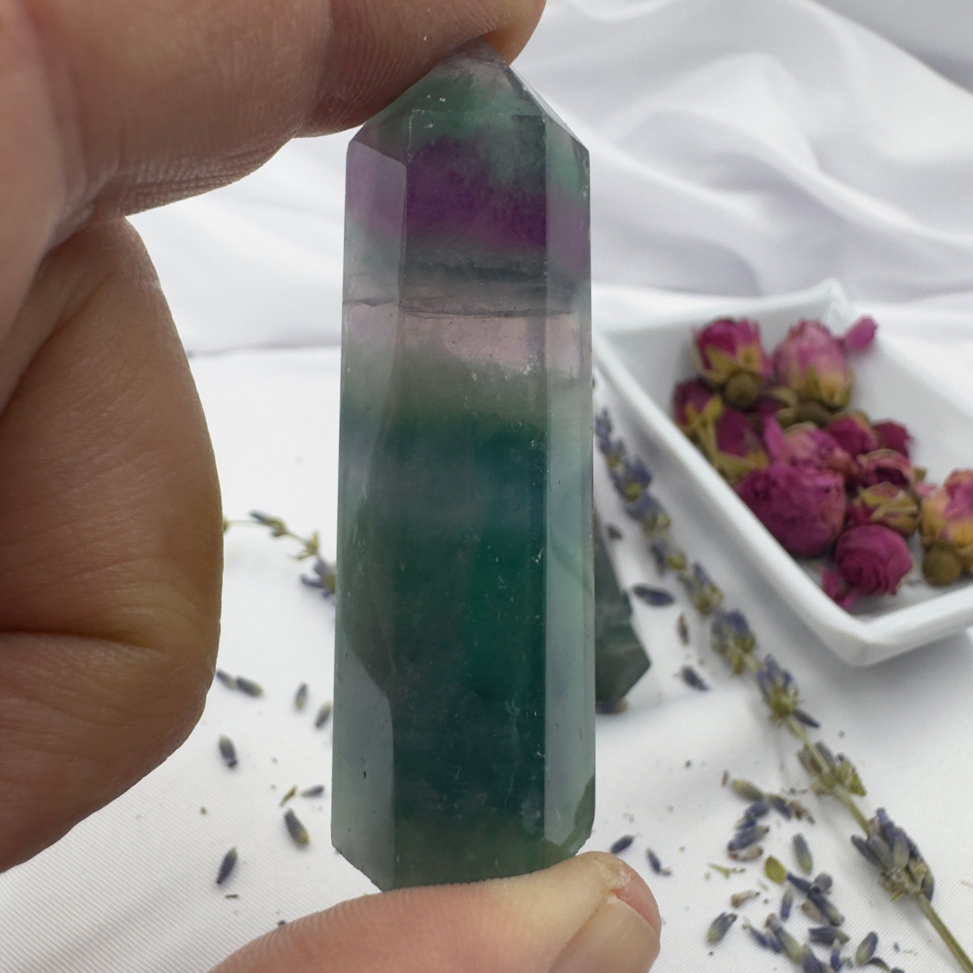 Hand holding a polished blue purple green fluorite point crystal with dried flowers in background