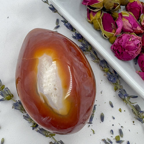 Davinas Carnelian Geode Druzy Freeform with vibrant orange and white crystal center surrounded by dried flowers