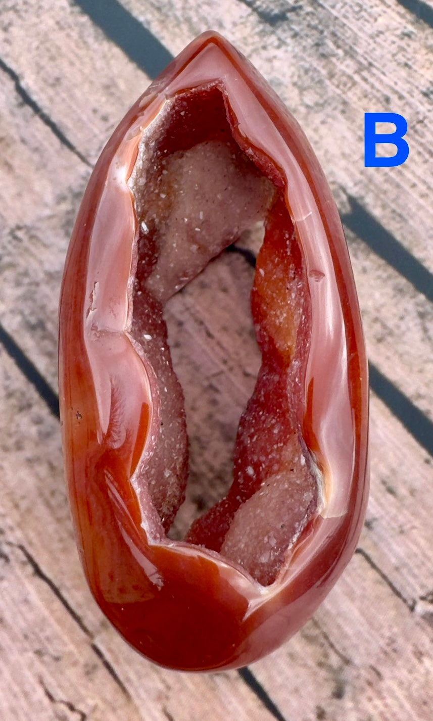 Davinas Carnelian Geode Druzy Freeform with polished smooth exterior and sparkling crystal interior
