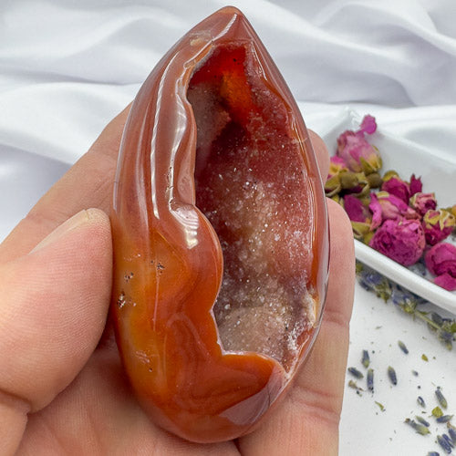 Davinas Carnelian Geode Druzy Freeform polished stone held in hand with dried flowers background