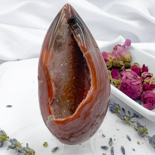 Davinas Carnelian Geode Druzy Freeform stone with polished exterior and sparkling crystal interior