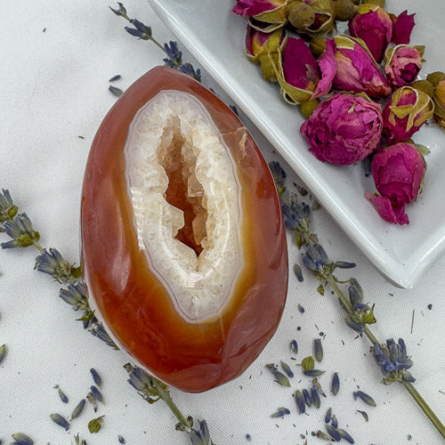 Davinas Carnelian Geode Druzy Freeform with vibrant orange outer layer and white crystalline center on floral background