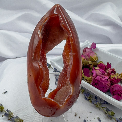 Davinas Carnelian Geode Druzy Freeform with deep orange crystals displayed on white fabric with dried flowers