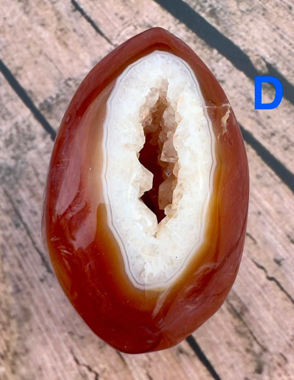 Davinas Carnelian Geode Druzy Freeform with polished orange exterior and white crystal interior
