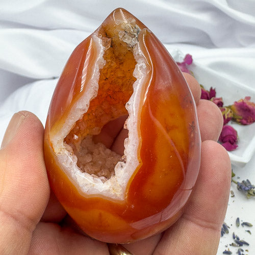 Davinas polished Carnelian geode druzy stone with vibrant orange and white crystal interior held in hand