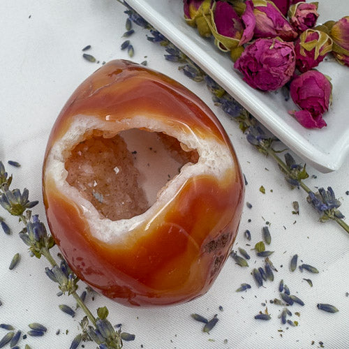 Davinas Carnelian geode druzy with orange and white crystals surrounded by dried lavender and rose buds