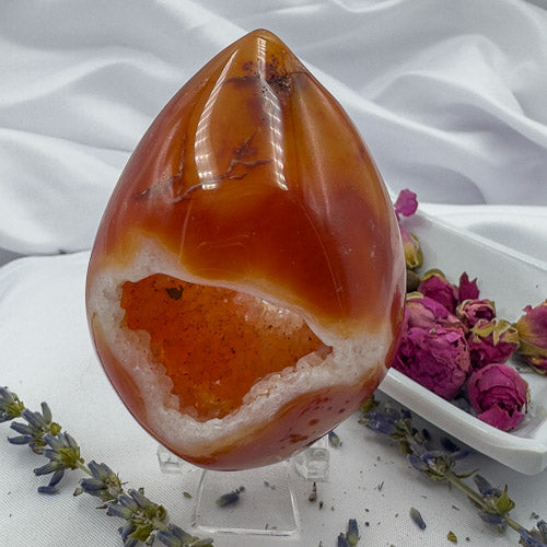 Carnelian geode druzy polished stone with vibrant orange and white crystalline interior displayed on a stand