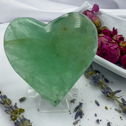 Davinas heart shaped fluorite crystal in light green displayed with dried flowers on white fabric