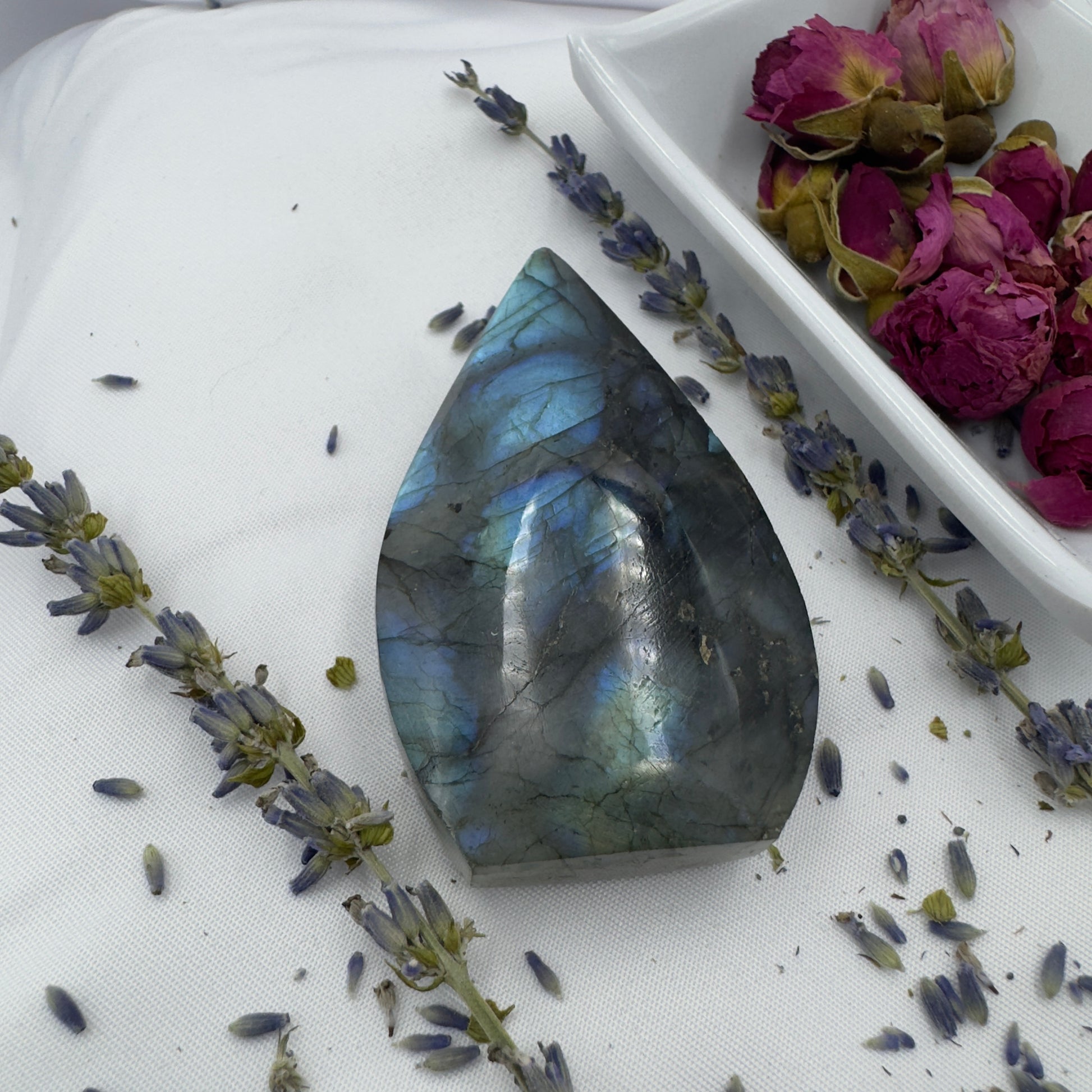 Davinas labradorite freeform crystal with blue and green flashes placed on white fabric with dried lavender and pink rose buds