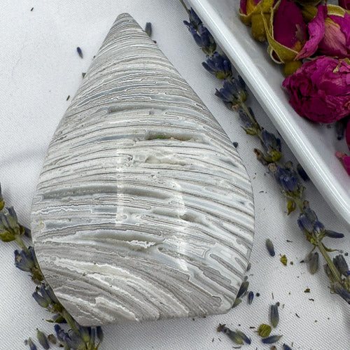 Davinas Morocco agate freeform stone with intricate gray and white banding on white surface with dried flowers