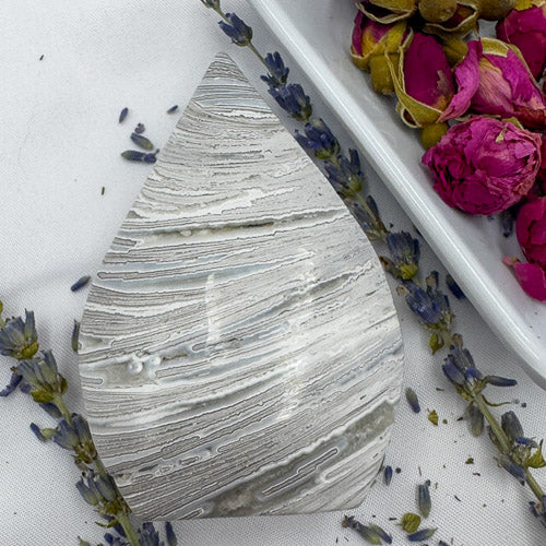 Davinas Morocco agate freeform stone with gray and white banded patterns displayed on white fabric with dried flowers