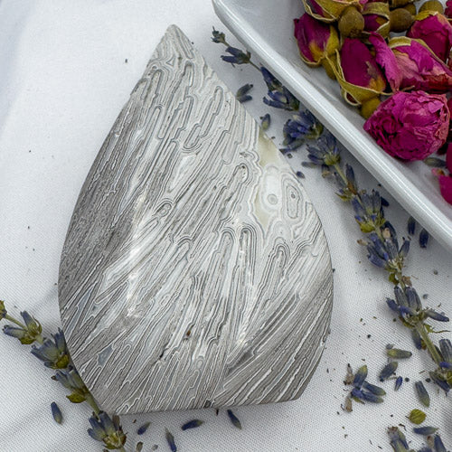 Morocco agate stone with intricate natural patterns displayed on white fabric with dried flowers