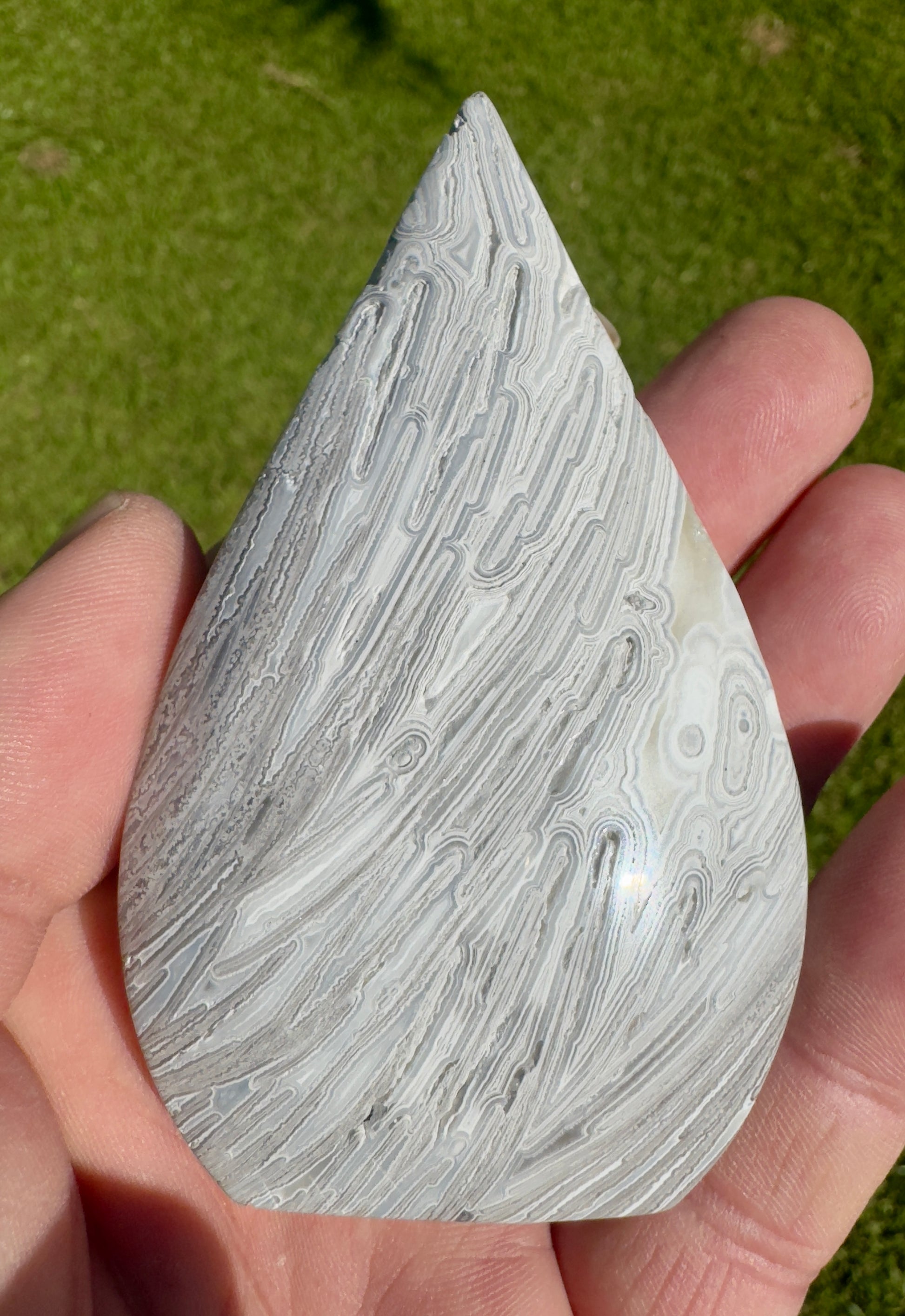 Davinas polished Morocco agate stone with intricate white and gray patterns held in hand