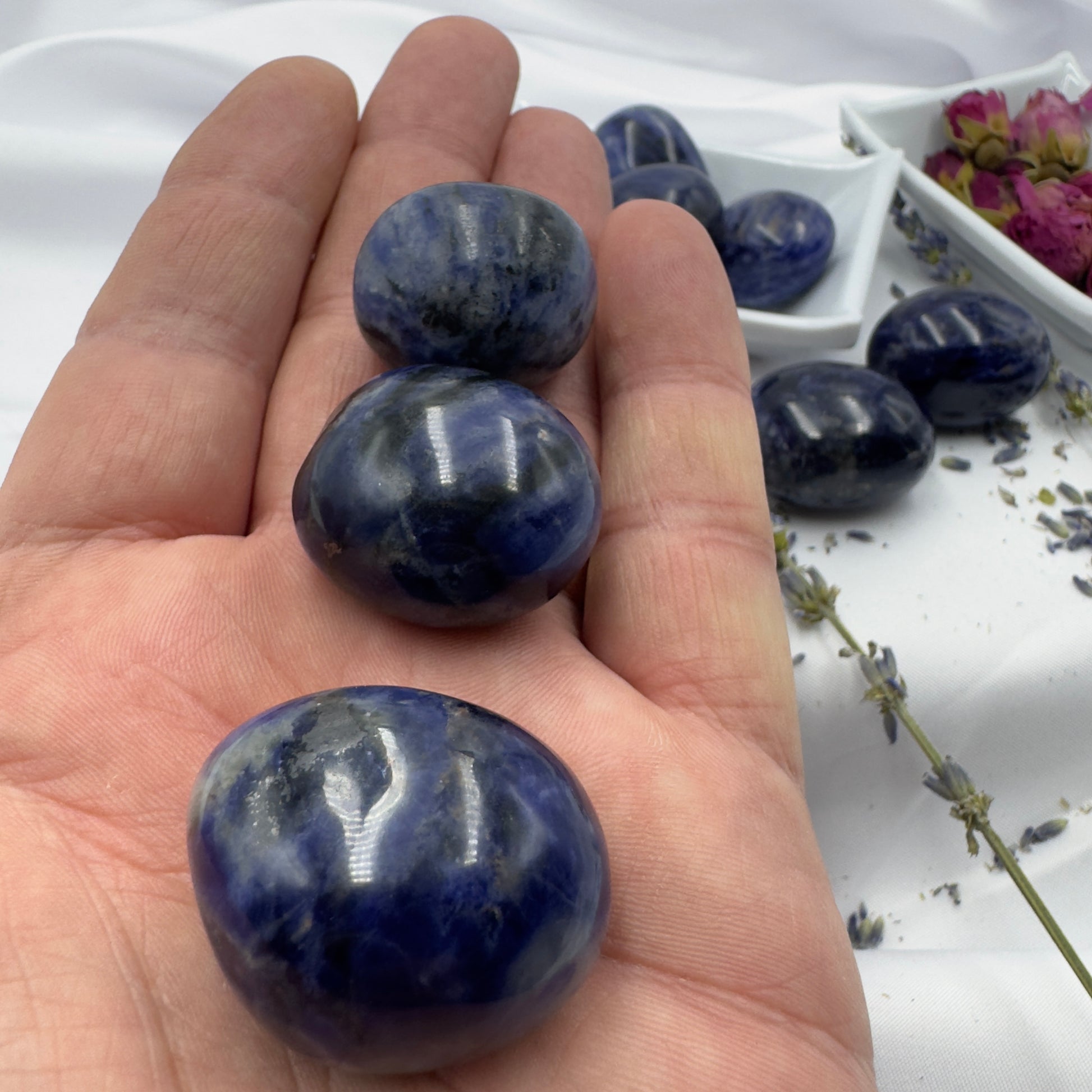 Hand holding polished natural blue sodalite stone with more stones and dried flowers in the background