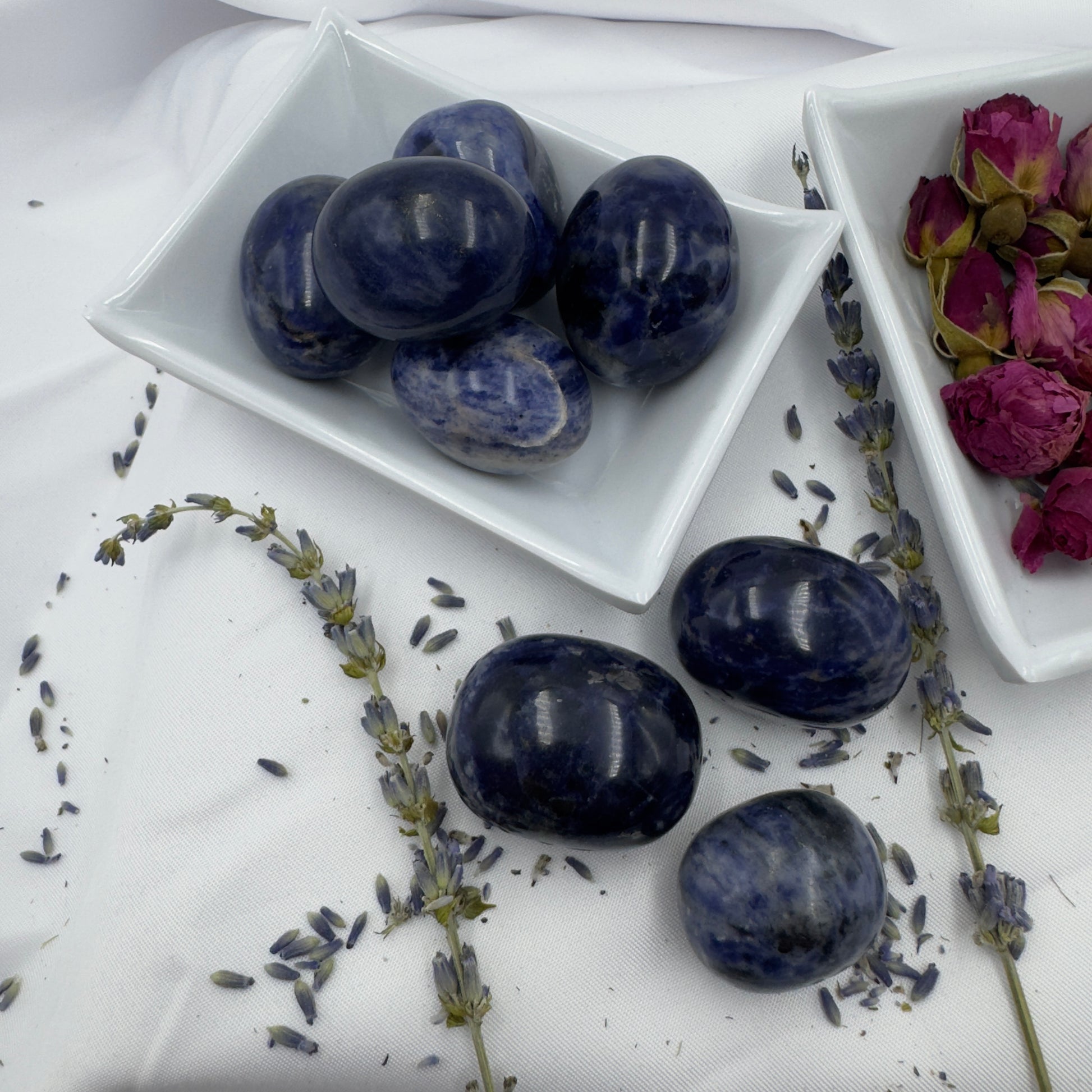 Davinas natural blue sodalite stone polished oval stones displayed on white ceramic trays with dried flowers