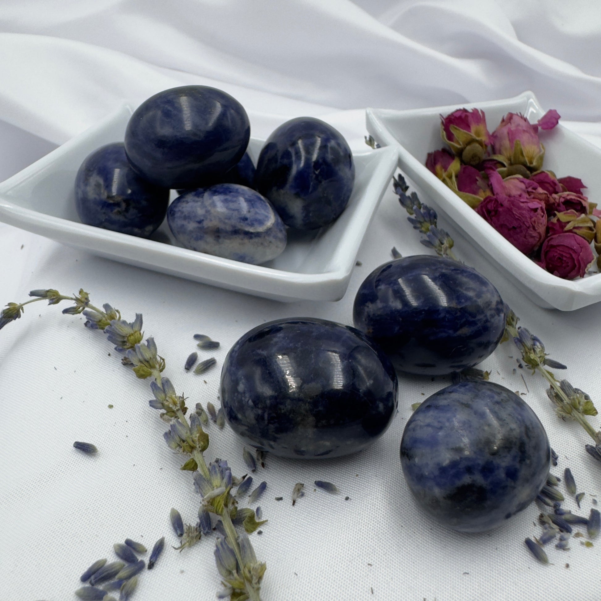 Polished natural blue sodalite stone displayed on white ceramic dishes with dried lavender and rose buds