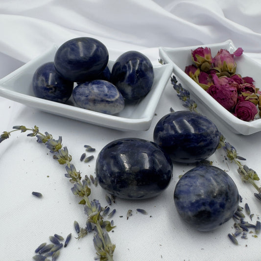Polished natural blue sodalite stone displayed on white ceramic dishes with dried lavender and rose buds