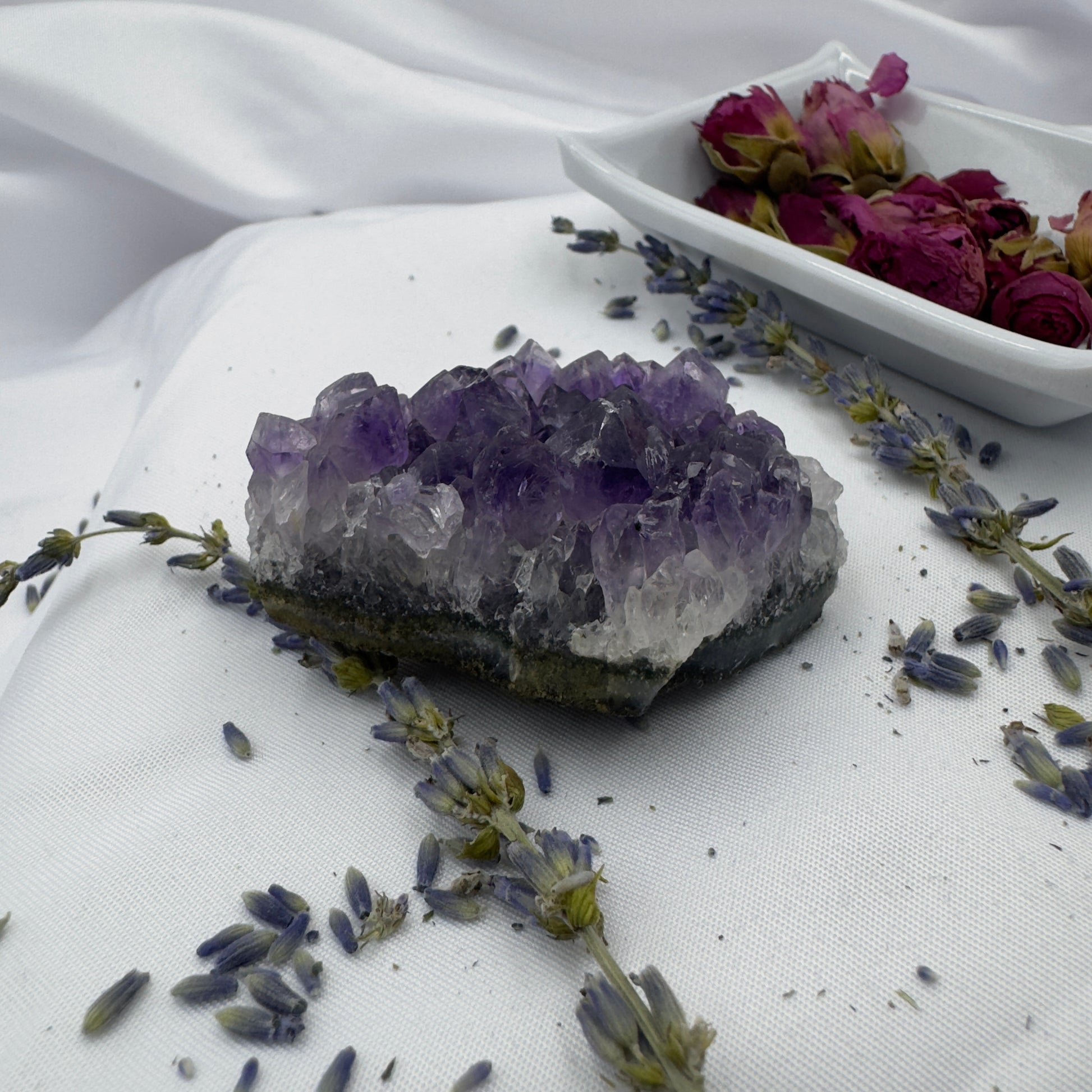 Premium amethyst clusters with deep purple crystals displayed on white fabric surrounded by dried lavender and rose buds