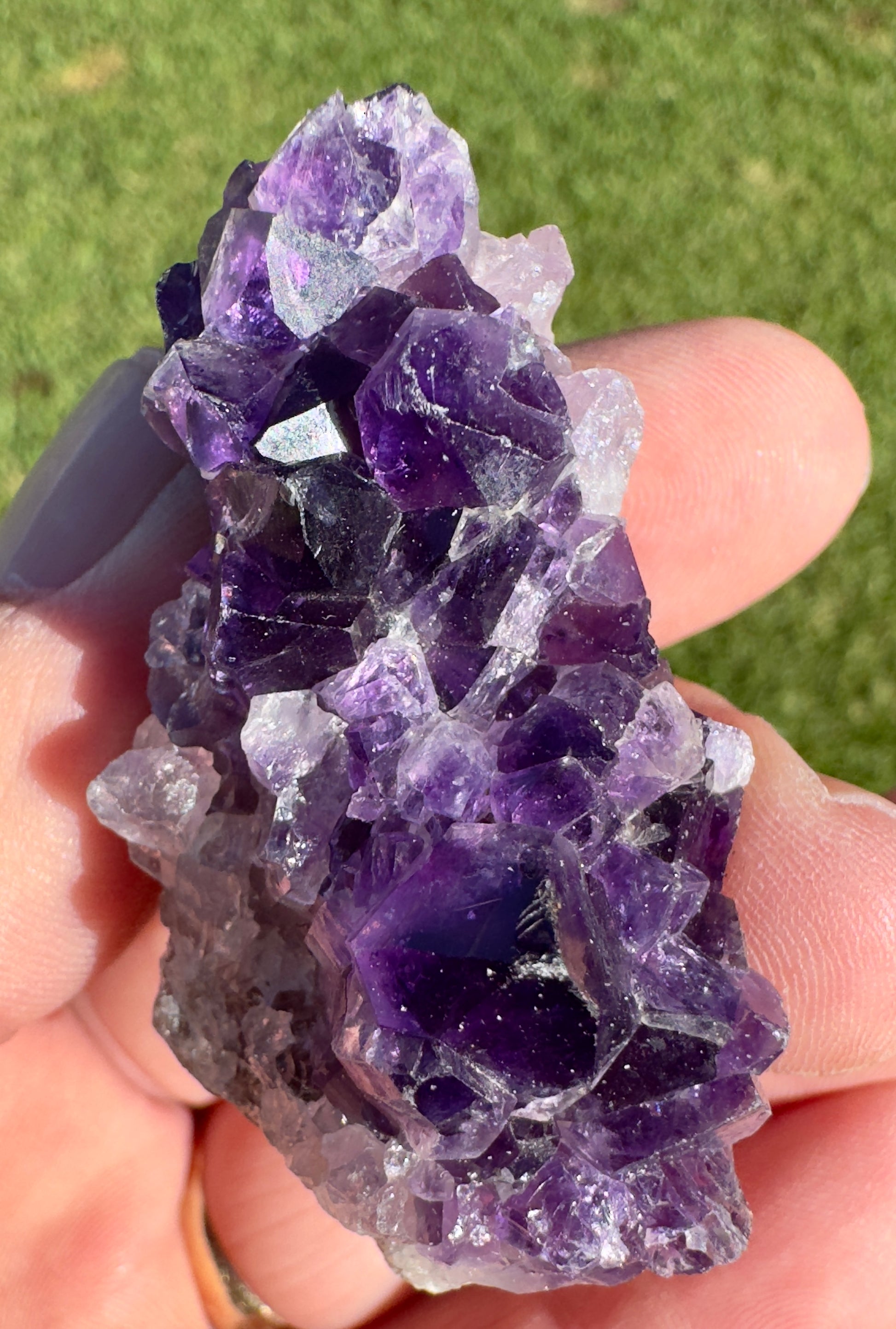 Davinas raw amethyst crystal cluster held in hand showing deep purple crystals and natural formation