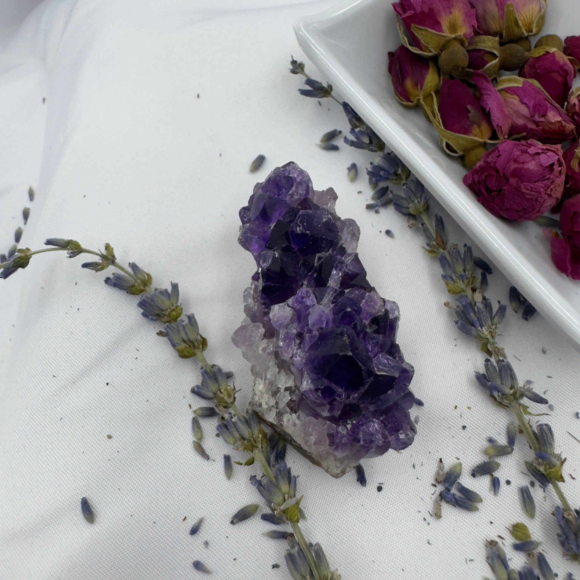 Davinas raw amethyst crystal cluster with purple hues displayed on white fabric surrounded by dried lavender and rosebuds