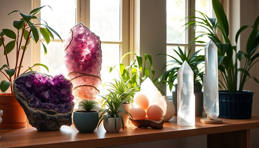 Display of the best crystals for living space including amethyst, clear quartz, and Himalayan salt lamps on a wooden shelf