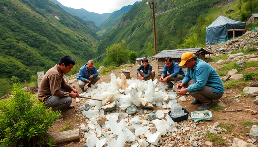 Artisans carefully sorting and preparing natural crystals in a mountain setting to explain why choose ethical crystals