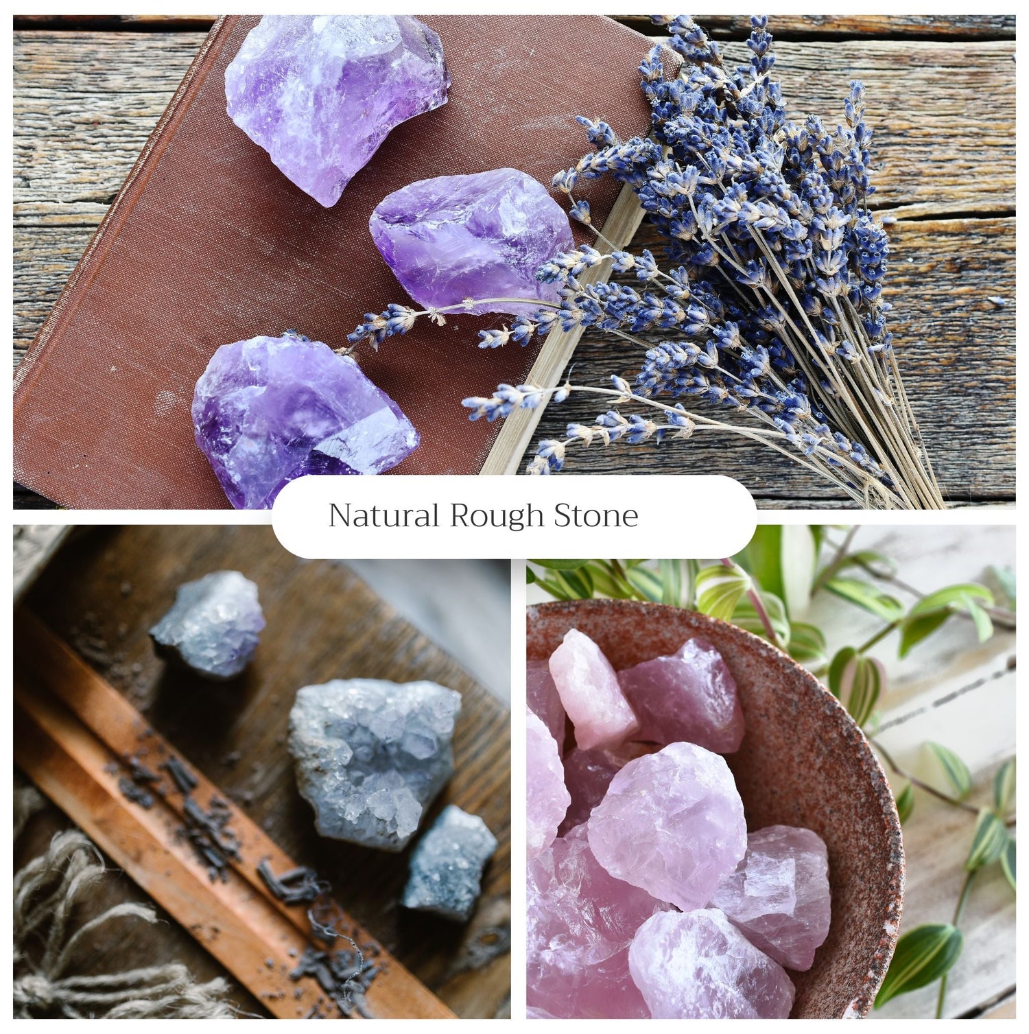Collection of natural rough stone crystals in purple and white tones displayed with dried lavender and green plants