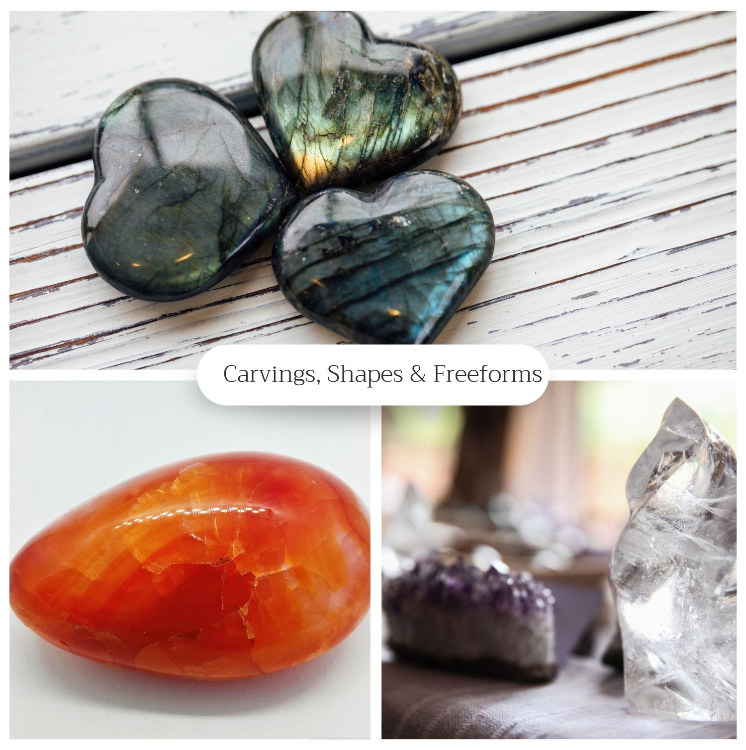 Collection of premium freeform crystals including heart-shaped labradorite and polished colorful stones