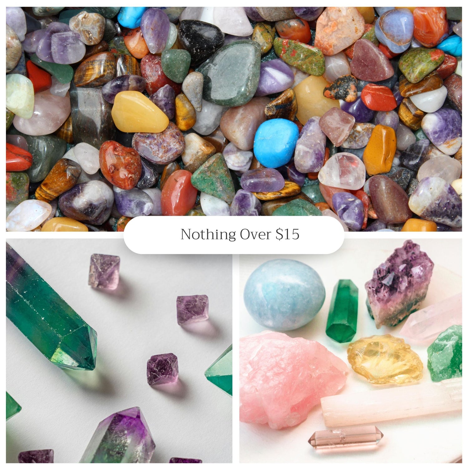 Assorted colourful natural stones and crystals curated for affordable crystals online priced under 15 dollars