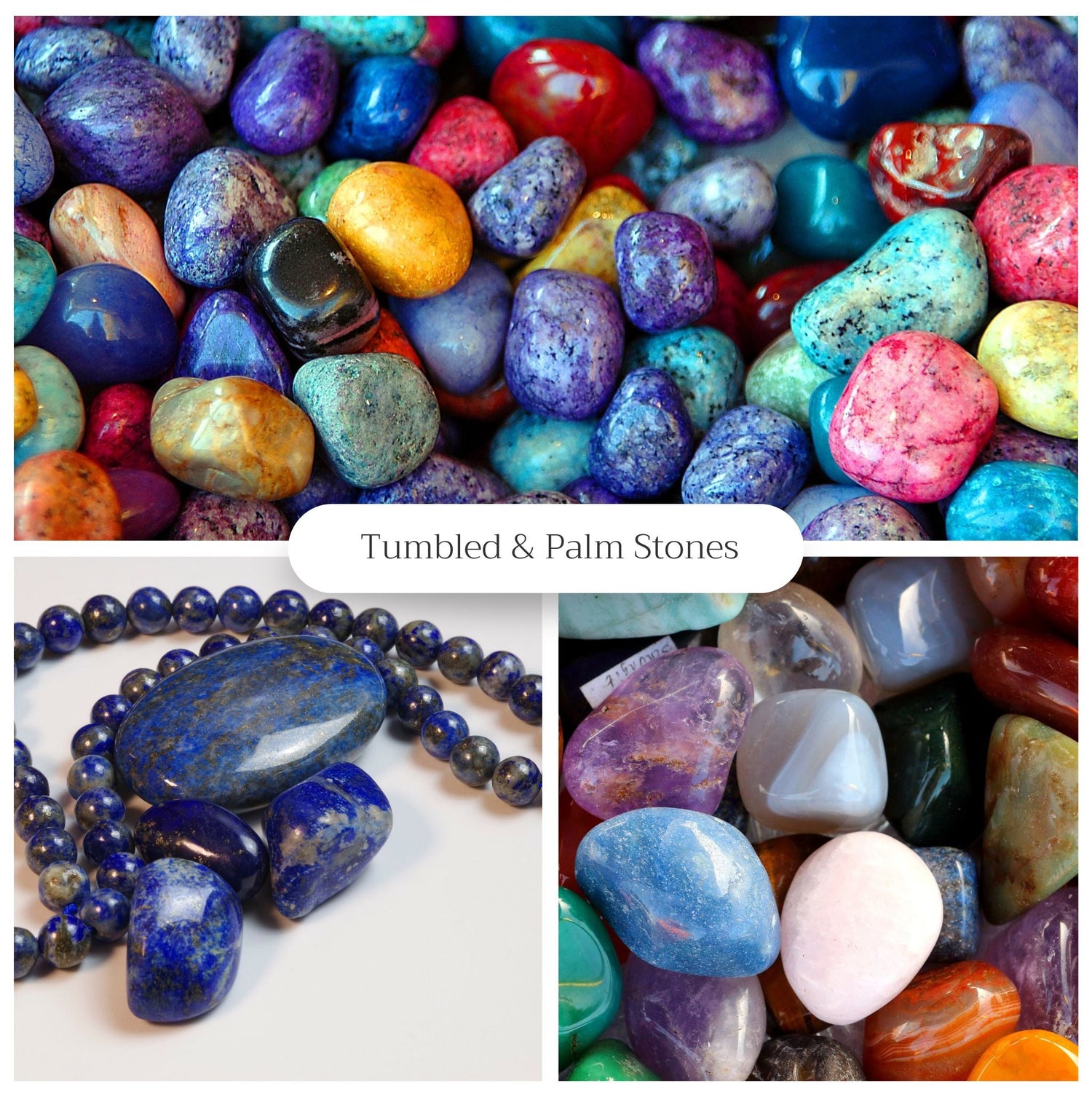 Colorful collection of polished tumbled stones and gemstone jewelry to buy tumbled stones online