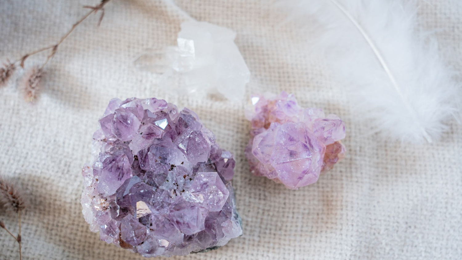 Collection of amethyst and clear quarts clusters
